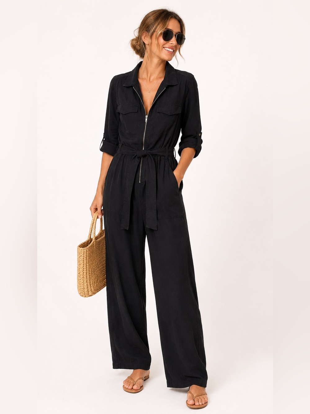 Bella Dahl Black 100% TENCEL™ Lyocell Utility Jumpsuit – Size M